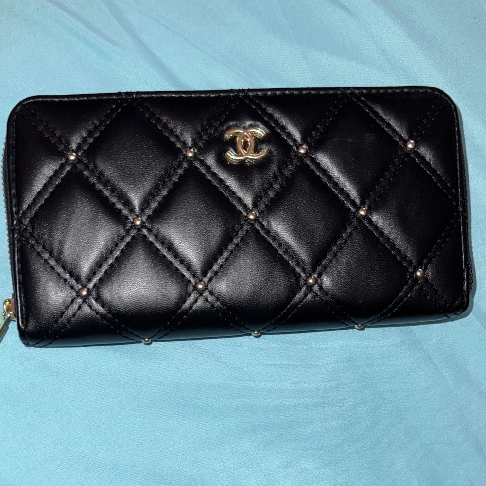 Black Quilted Wallet with Gold Accents